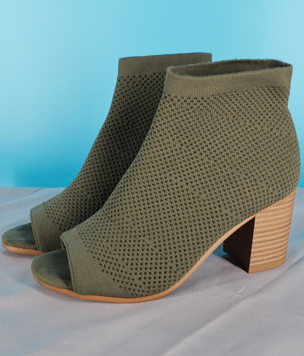Seven Dials Olive Green Knit Peep Toe Block Heel Booties Women's Size 6